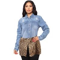 winter long sleeved jean jacket european american style leopard print stitching lapel slim frayed denim jacket coats women