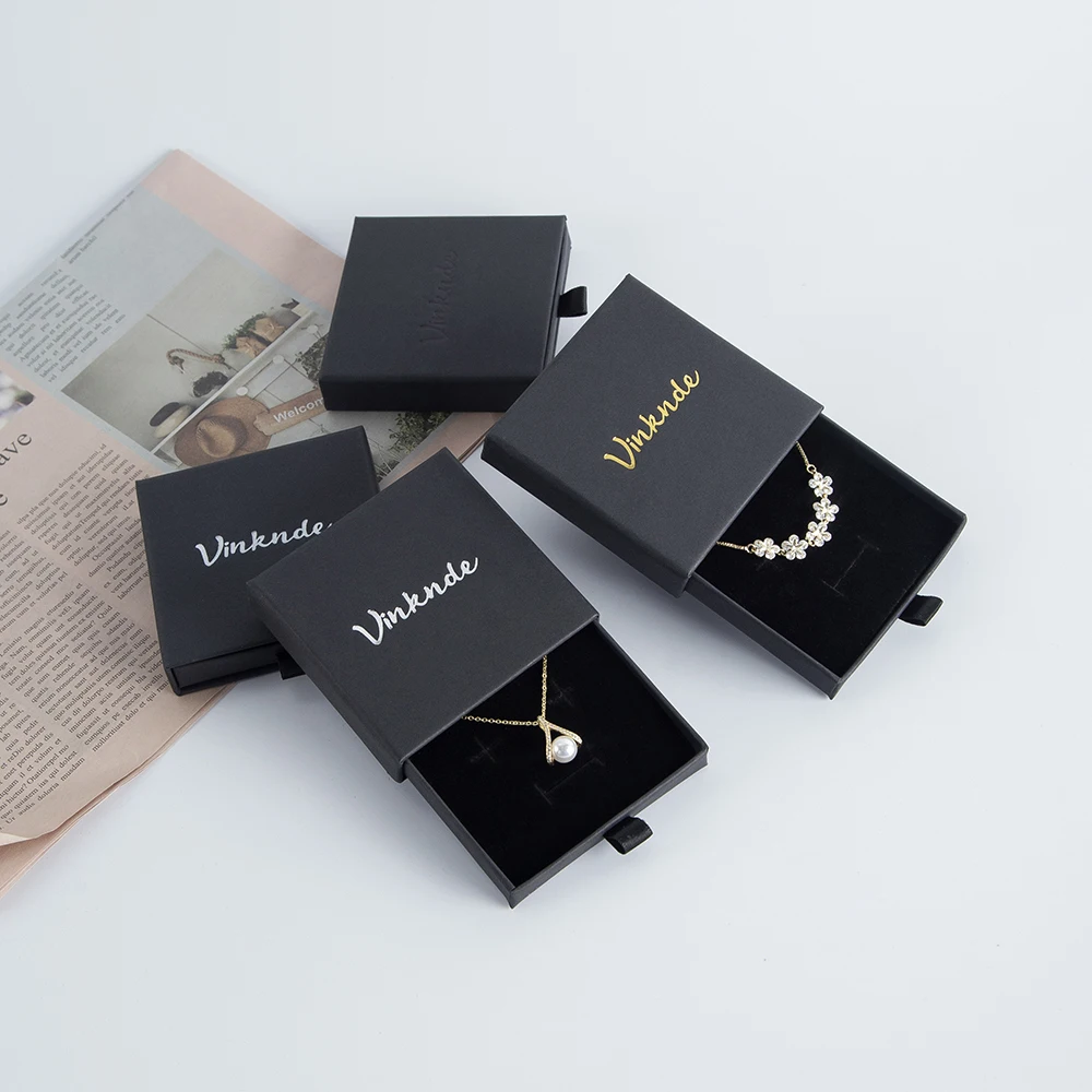 50 Custom Logo Cardboard Jewelry Necklace Drawing Gift Box Package Slide Drawer Paper Box with Black Foam for Jewelry Packaging