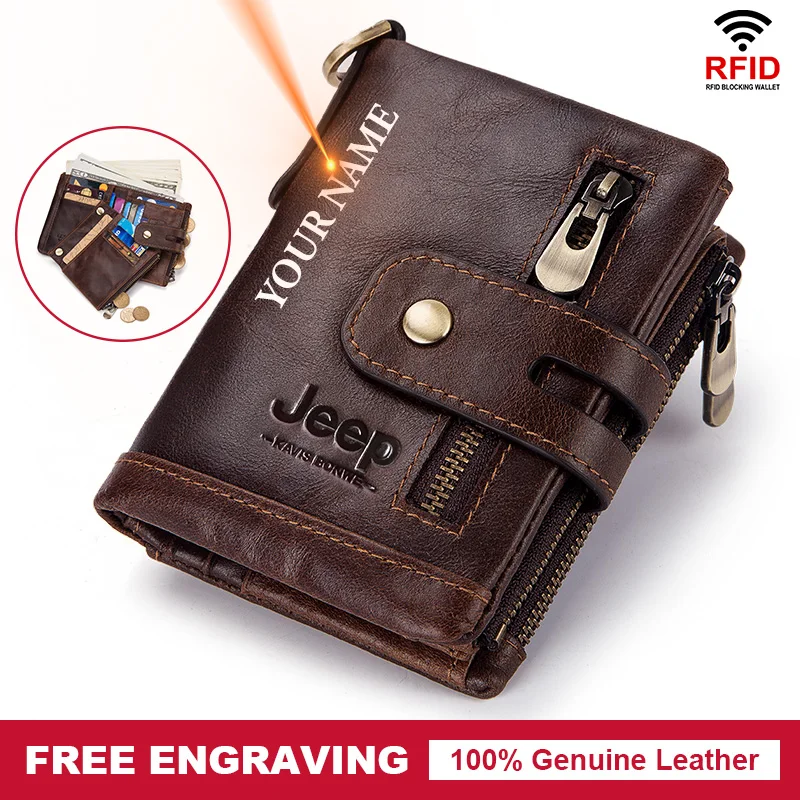 Free Engraving 100% Genuine Leather Men Wallets Coin Purse Small Mini Card Holder Chain PORTFOLIO Portomonee Male Walet Pocket