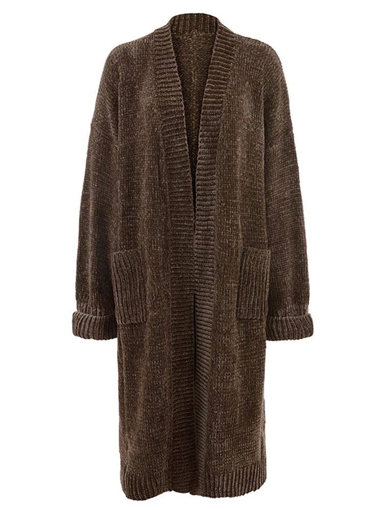 NewAsia – Cardigan tricoté avec poches pour femme, pull surdimensionné, manteau Long chaud, marron, Vintage, décontracté, veste ample, hiver