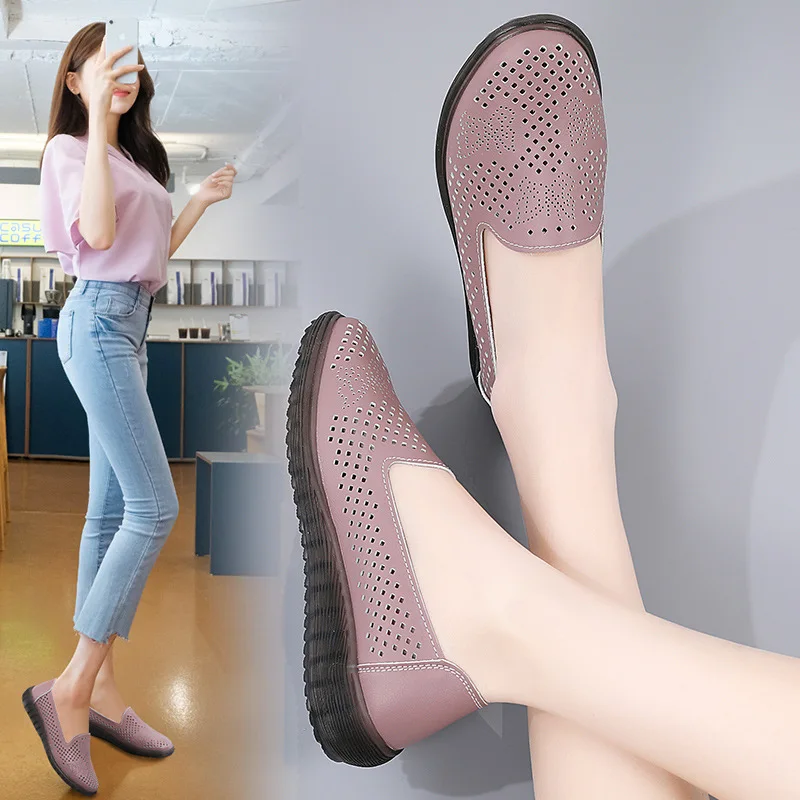 

Summer Women Flat Genuine leather Shoes Casual Shoes work Slip-on Lofers girls Non-slip Cut Out Breathable Women's Zapatos Mujer