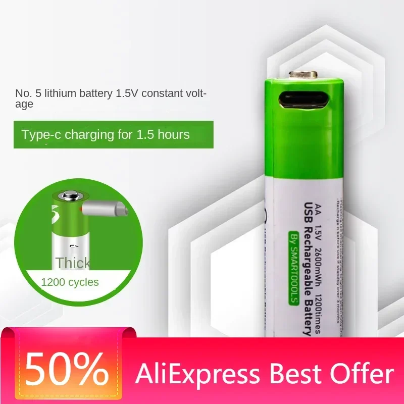 

High Capacity Rechargeable Batteries 5# 1.5v 2600mWh Fast Charge Type-C Port AA Battery for Toys and Doorbells
