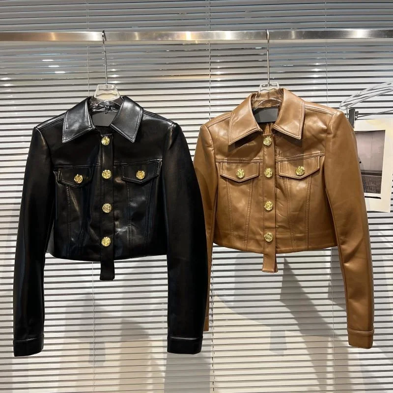 

2022 Autumn New Arrivals Long Sleeve Metal Buttons Turn Down Collar Padded Shoulder Pu Jacket Women Coat