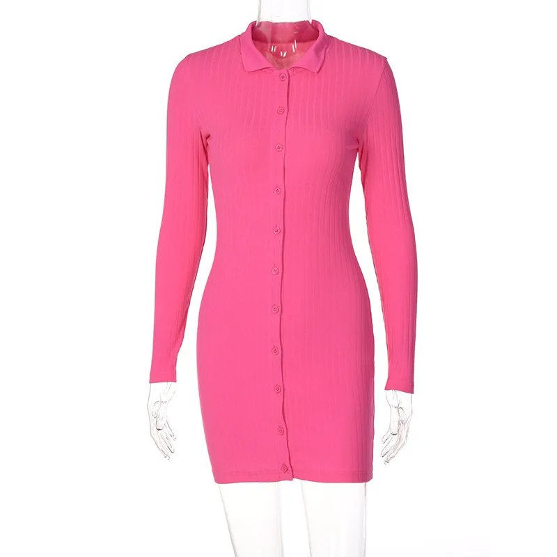 

Sexy Women's Short Skirt New Spring Temperament Mid Waist Thin Cardigan Button Long Sleeve Knit Lapel Dress Free Shipping
