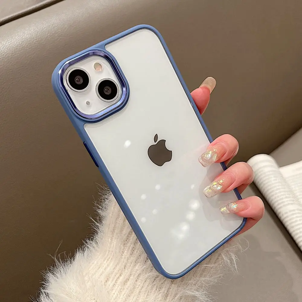 

For iPhone 13pro 12pro Transparent Metal Camera Case For iPhone 13 12 11 Pro Max Contrast Color Hard PC Soft Shockproof Cover
