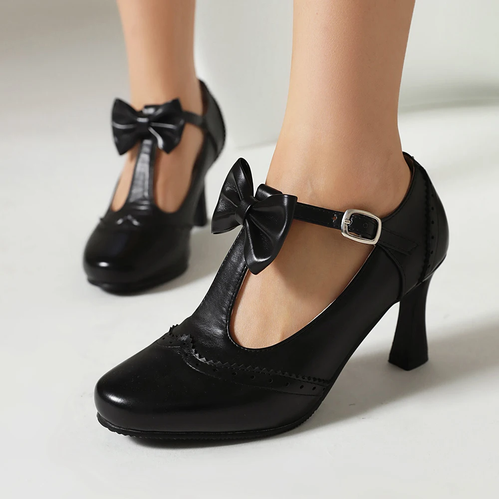 Vintage T-Strap Heels for Women Mary Jane Pumps 8cm Wedding Bridal Shoes Elegant Women's Sweet Bow High Heels chaussures femme