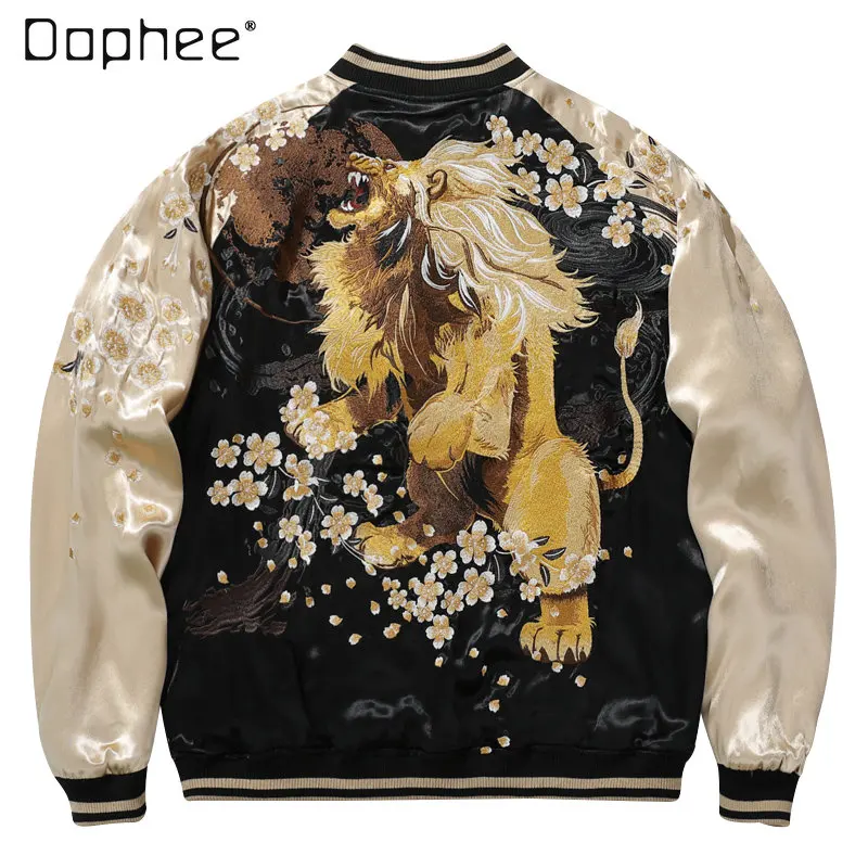 

Youth Yokosuka Machine Embroidery Baseball Jacket Women's and Men's Lion King Double-Sided Jacket Satin Mercerized Bomber Jacket