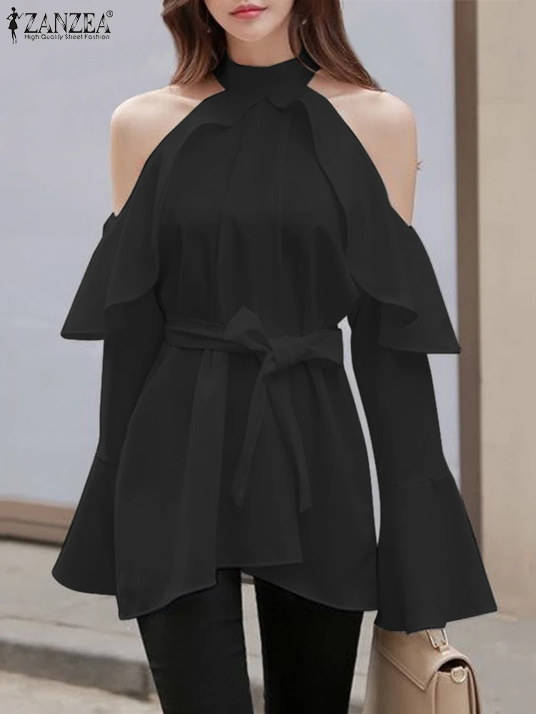 

ZANZEA Women Ruffled Blouse 2023 Autumn Cold Shoulder Tops Fashion Stand Collar Party Long Sleeve Tunic Vintage Bandage Shirts