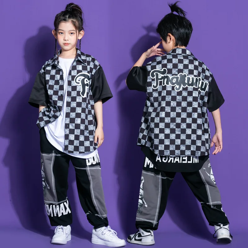 

Boys Hip Hop Set Short Sleeve Shirt Plaid Jacket Cargo Pants Girl Loose Streetwear Kids Jazz Costume Child Street Dance Clothes