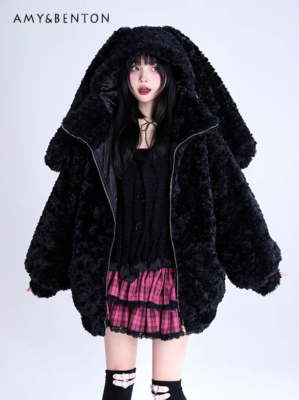 

Японская милая куртка с капюшоном с кроличьими ушками в стиле Харадзюку Y2K, черное пальто на молнии, зимняя одежда, женские свободные универсальные пальто