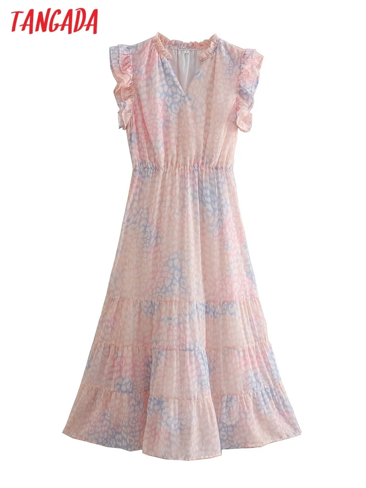 

Платье-миди летнее леопардовое с оборками и V-образным вырезом