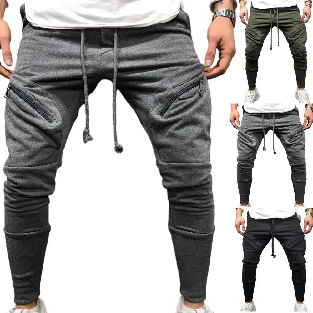 

High Elastic Men Pants Comfy Solid Color Drawstring Design Zipper Pocket Anti-crack Windproof Jogging Trousers for Daily Wear