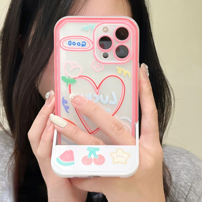 

Cartoon Love Heart Holder Stand Phone Case For iPhone 13 12 11 Pro Max X XR XSMax 7 8Plus Invisible Bracket Transparent 11 Cover