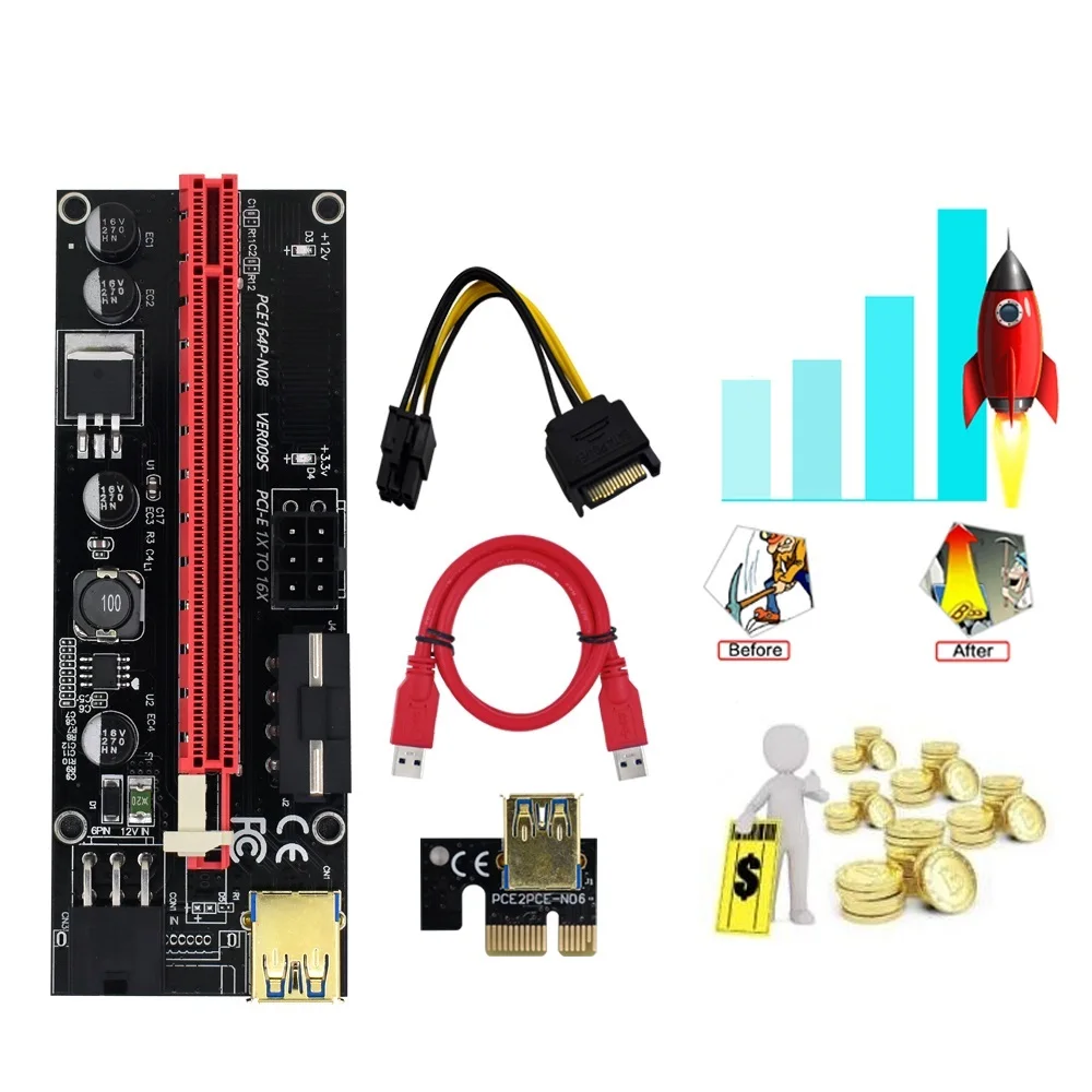 

1 до 10 шт. PCIE Riser 009S PCI Express X16 графическая карта PCIE X16 адаптер 1X 16X Райзер для видеокарты Биткоин Майнер