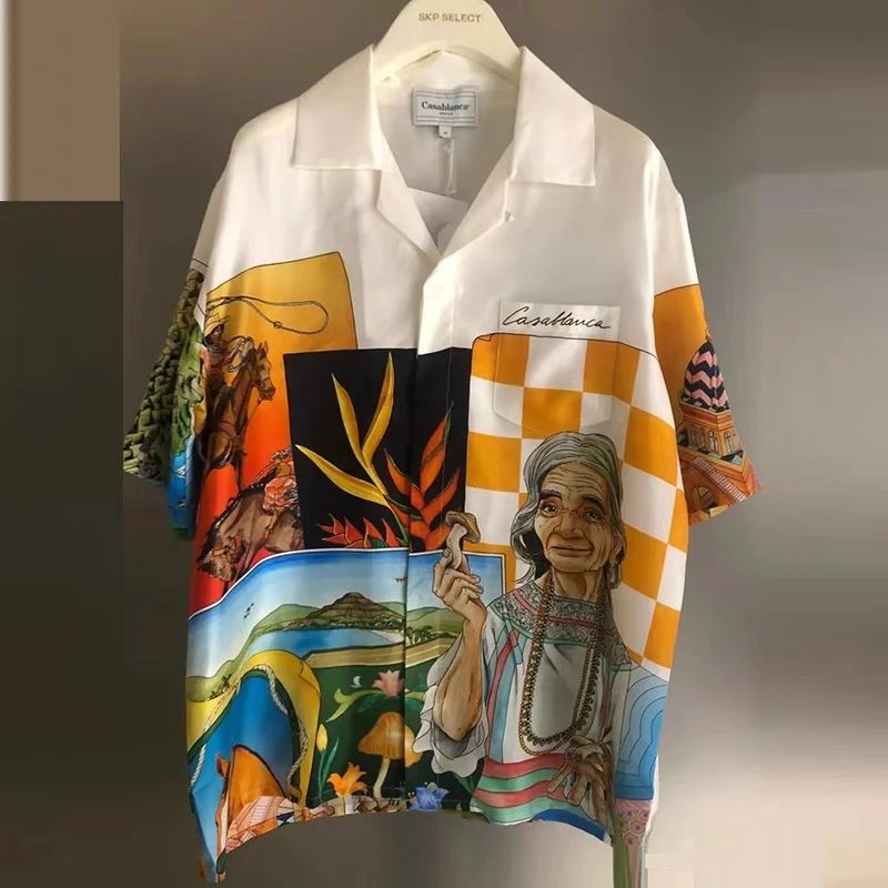 

Orange Silk Casablanca Shirts Men Women Portrait Printing Hawaii Beach Shirt