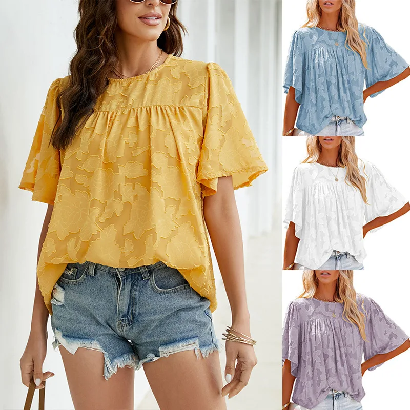 

Women's Wear 2022 Spring/summer Chiffon Flower Cutout Short Sleeve Loose Shirts for Women