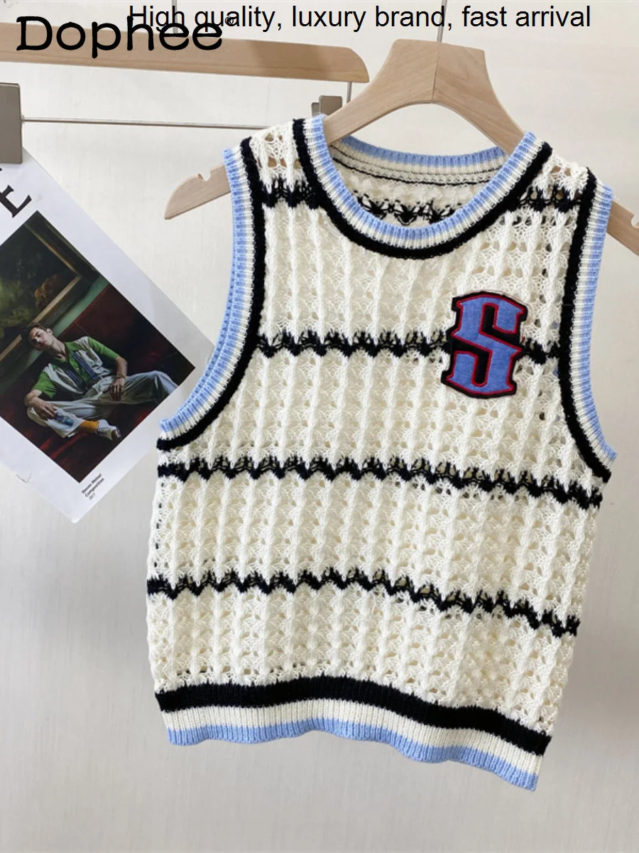 

Женский пуловер с вышивкой и надписью, Осенний ажурный жилет без рукавов в полоску, верхняя одежда