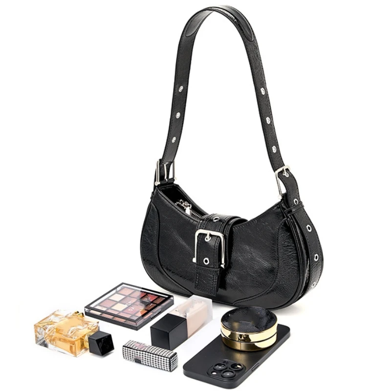 Women Genuine Leather Hobo Bag Vintage Cowhide Design Ladies Underarm Bag High-quality Armpit Bag Y2K Shoulder Crossbody Bag