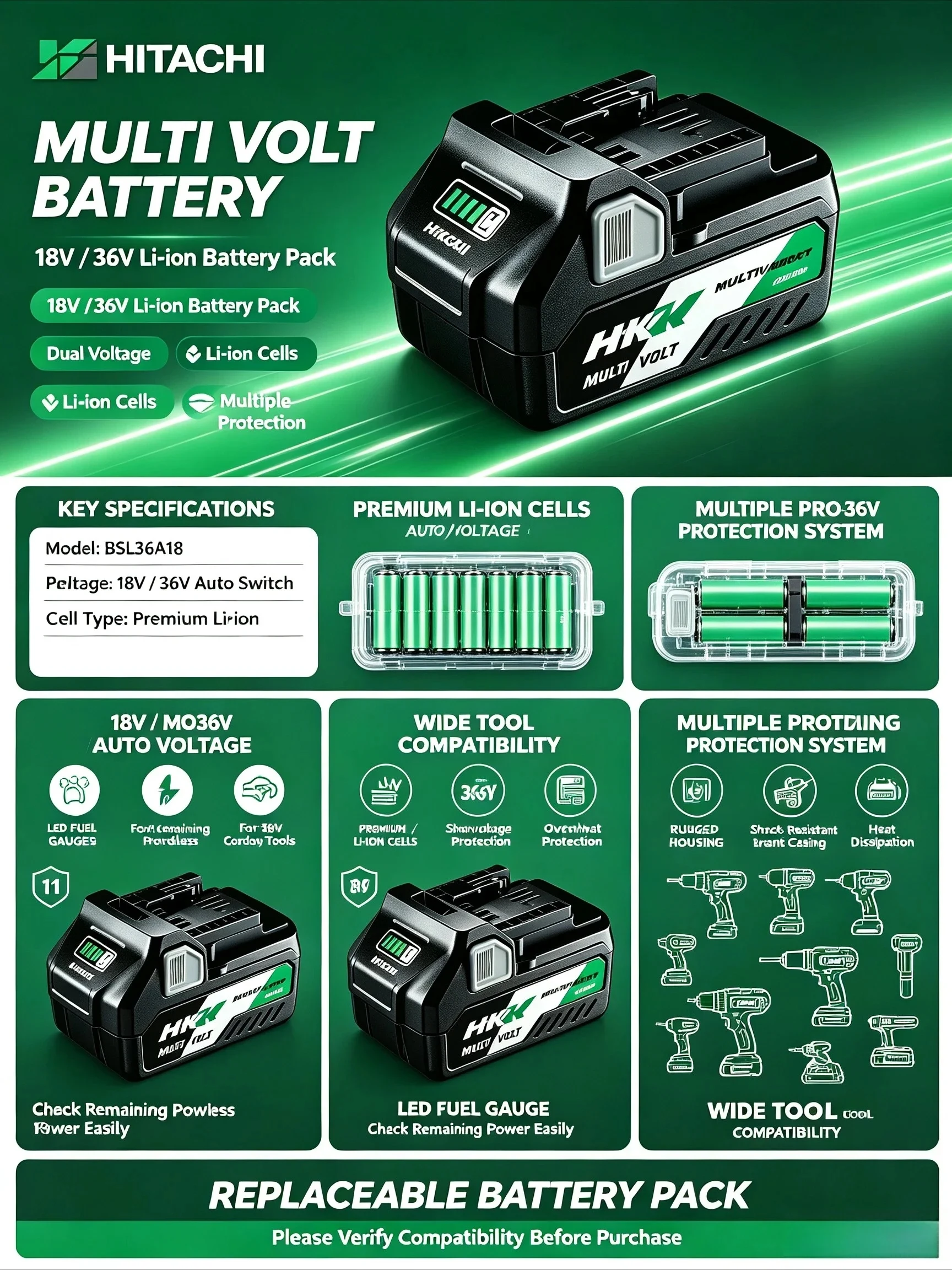 Фото Оригинальный аккумулятор Hitachi HiKOKI 18В/36В 8.0Ач 5.0Ач BSL3640MVT BSL36B18 BSL1860 BSL1840 EBM1830 для ударной дрели-шуруповерта и шлифовальной машины. №5