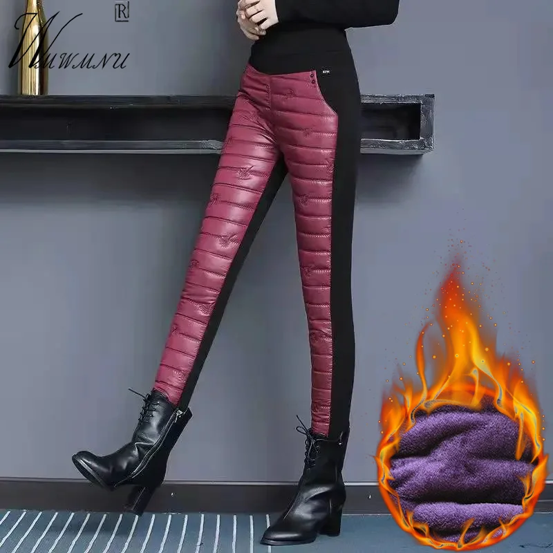 

Patchwork Snow Wear Thicken Pencil Pants Women Plus Velvet Skinny Down Cotton Sweatpants Warm Plush High Waist Stretch Capris