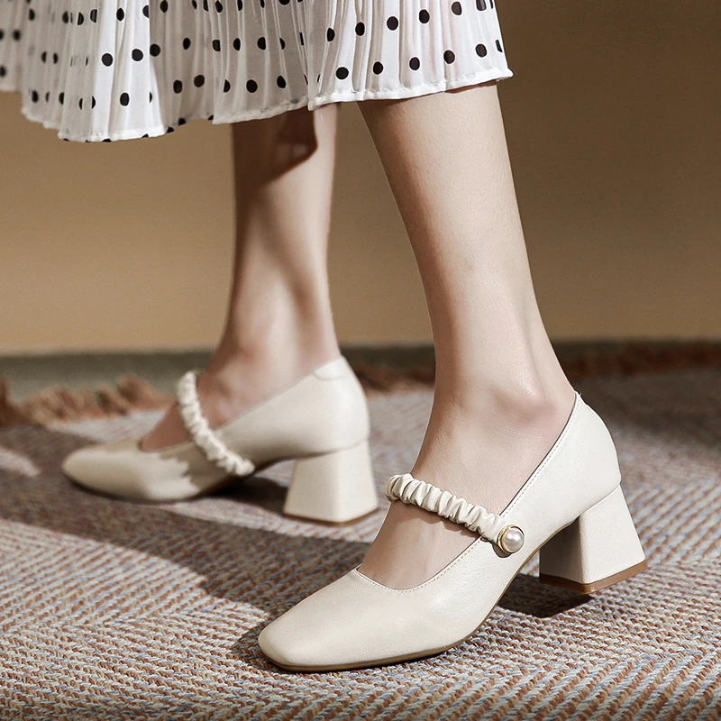 ..All-match Solid Color Women's Shoes Summer New Work Wear Matching Skirt Thick Heel Square Head Fashion Mary Jane Shoes Women