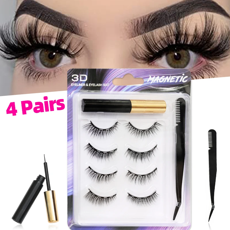 

1Boxes 4Pairs Magnetic Eyelash Natural False Eyelashes Makeup Magnet Lashes Eyeliner Tweezers Set Pestañas Magneticas Wholesale
