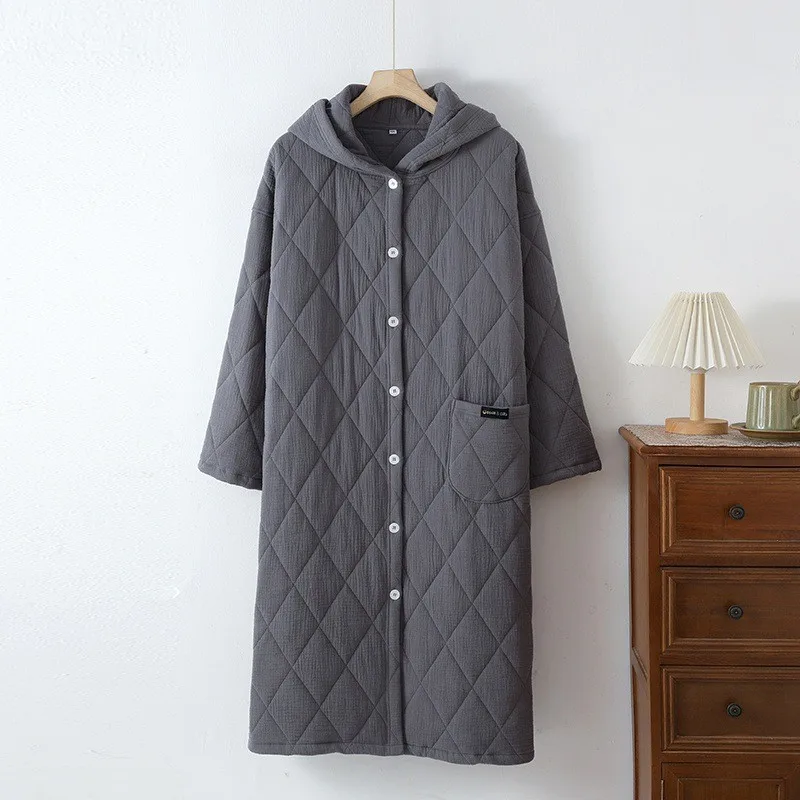 Осень-зима 2024 женский теплый хлопковый халат с наполнителем капюшоном длинными