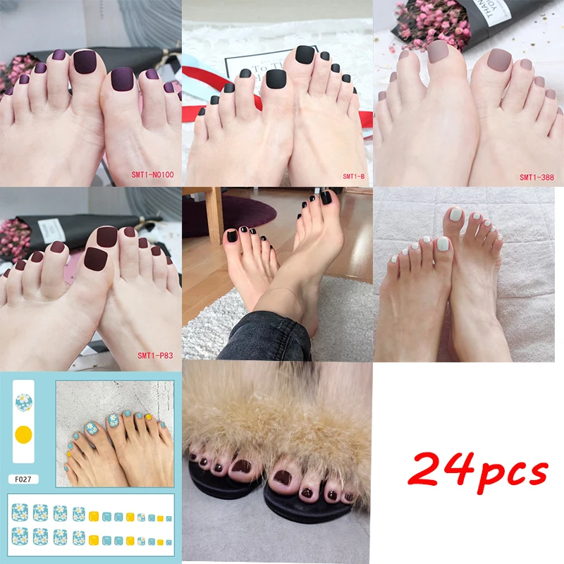 

24pcs/box Fake Toenails With Glue Foot Frosted Matte Solid Color Diy Toes Manicure False Nails Press On Toenails Square To