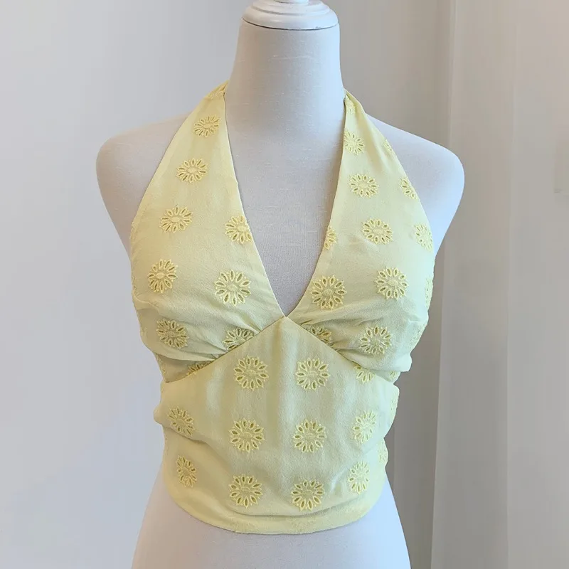 

2023 Summer New Collection Women Fashion Sexy Yellow Sleeveless Halter Tops