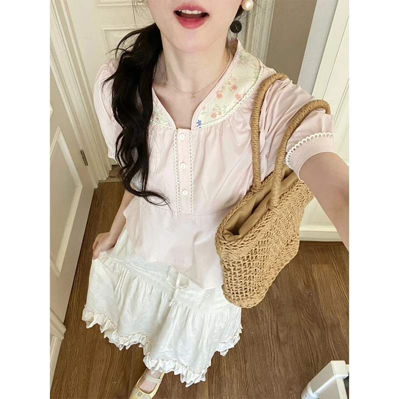 

Japan Style Chic Short Camisas Peter Pan Collar Loose Shirts Summer A-line White Skirts Women Harajuku Y2k Sweet Chemises Femme