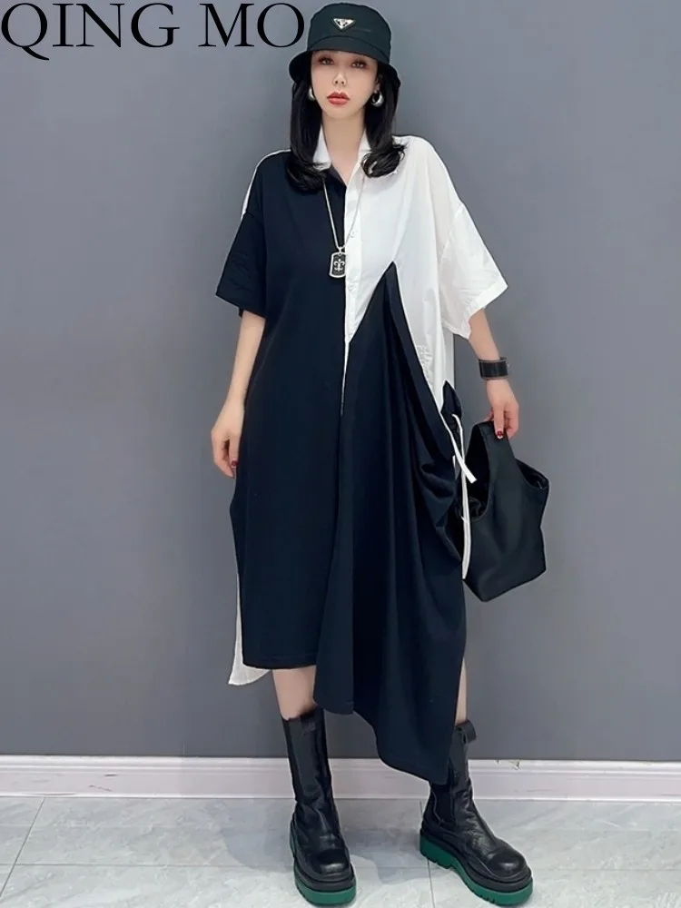 

QING MO 2023 Spring Summer New Korean Fashion POLO Collar Color-blocking White Black Shirt Dress Women Casual ZXF2140