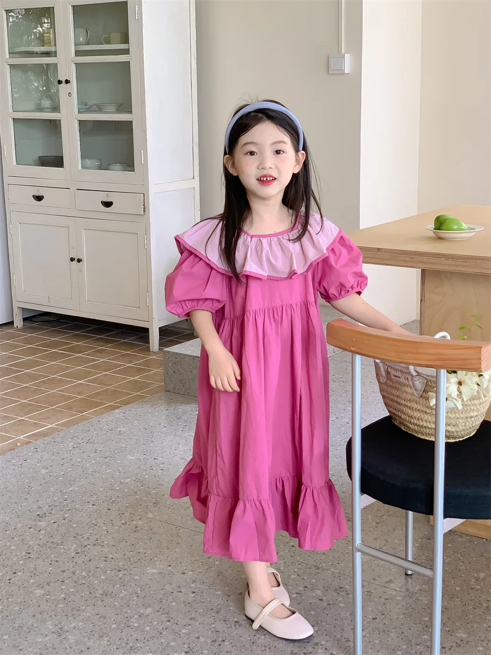 

Korean Kids Dress Girls Fashion Lotus Leaf Collar Solid Colour Midi Dress Girls Baby Casual Dress 2023 Summer Children Clothing