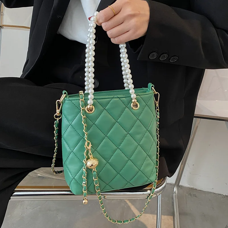

PU Leather Women Crossbody Bags Popular 2021Latest style Summer Bucket Bag Diamond Chain Casual brand Pearl chain Totes Bag