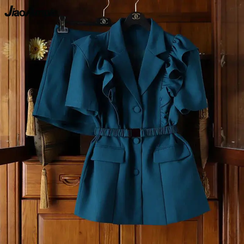 

Women's Casual Stitching Lotus Leaf Suit Jacket Shorts Two-piece 2022 Summer Blazers Pants Set Korean Elegant Professional Wear