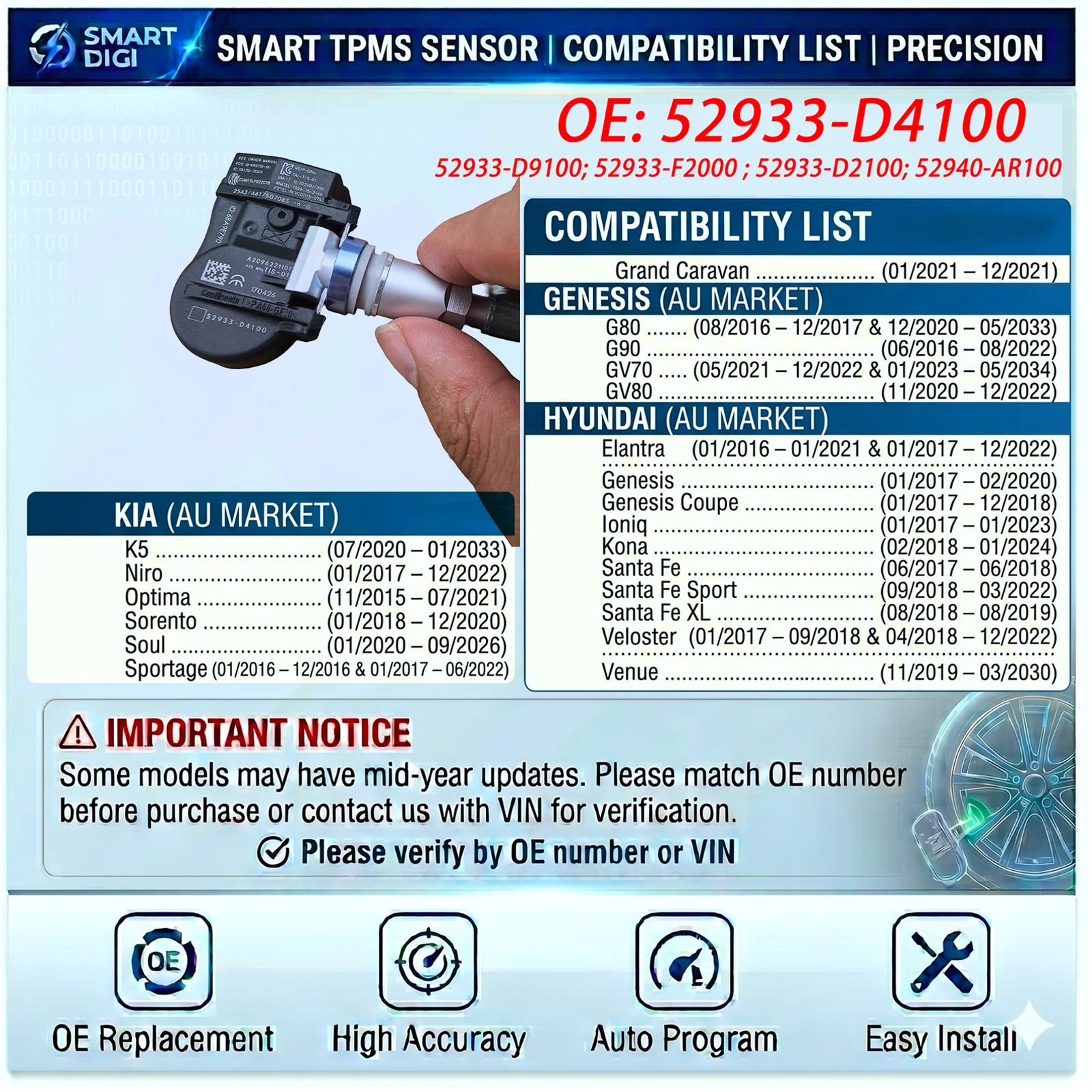 Фото Комплект из 4 датчиков TPMS 433 МГц для Hyundai Kona, Elantra, Santa Fe, Kia Sportage, Sorento, Optima (датчики давления в шинах) 52933-D4100, 52933-D9100 №2