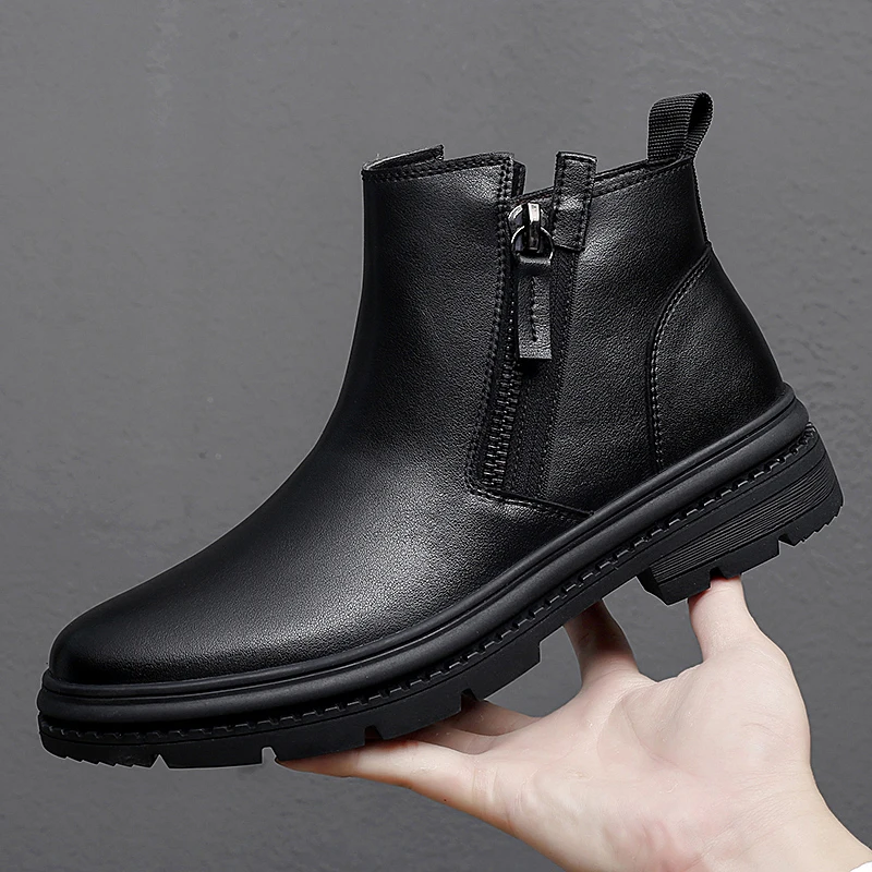 

Man Winter Chelsea Boots Fur Warm Male Casual Genuine Leather Shoes Designer Men's Dress Boot Handmade Zipper Business Footwear