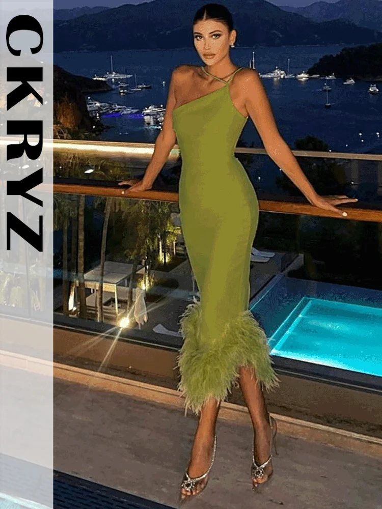 

Ladies Feather Club Wear Y2K Clothes One Shoulder Sleeveless Backless Bodycon Midi Dresses For Women 2022 Evening Party Elegant