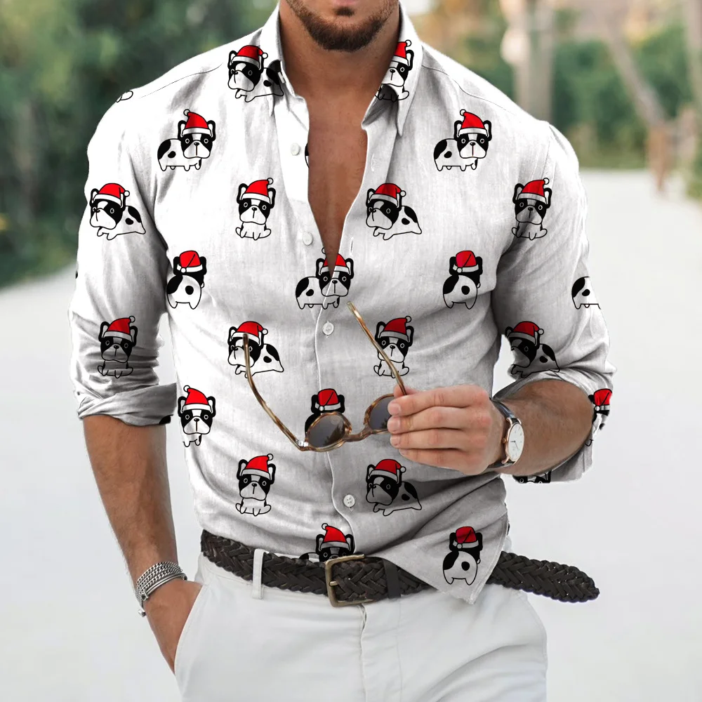 2022 Christmas Shirt 3D Print Christmas Long Sleeve Single breasted Shirt Holiday Party Top Men's Harajuku Super Large T-shirt