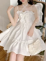 qweek sweet fairy white slip mini dress women bandage off shoulder ruffles wrap short dresses elegant party 2022 summer bow