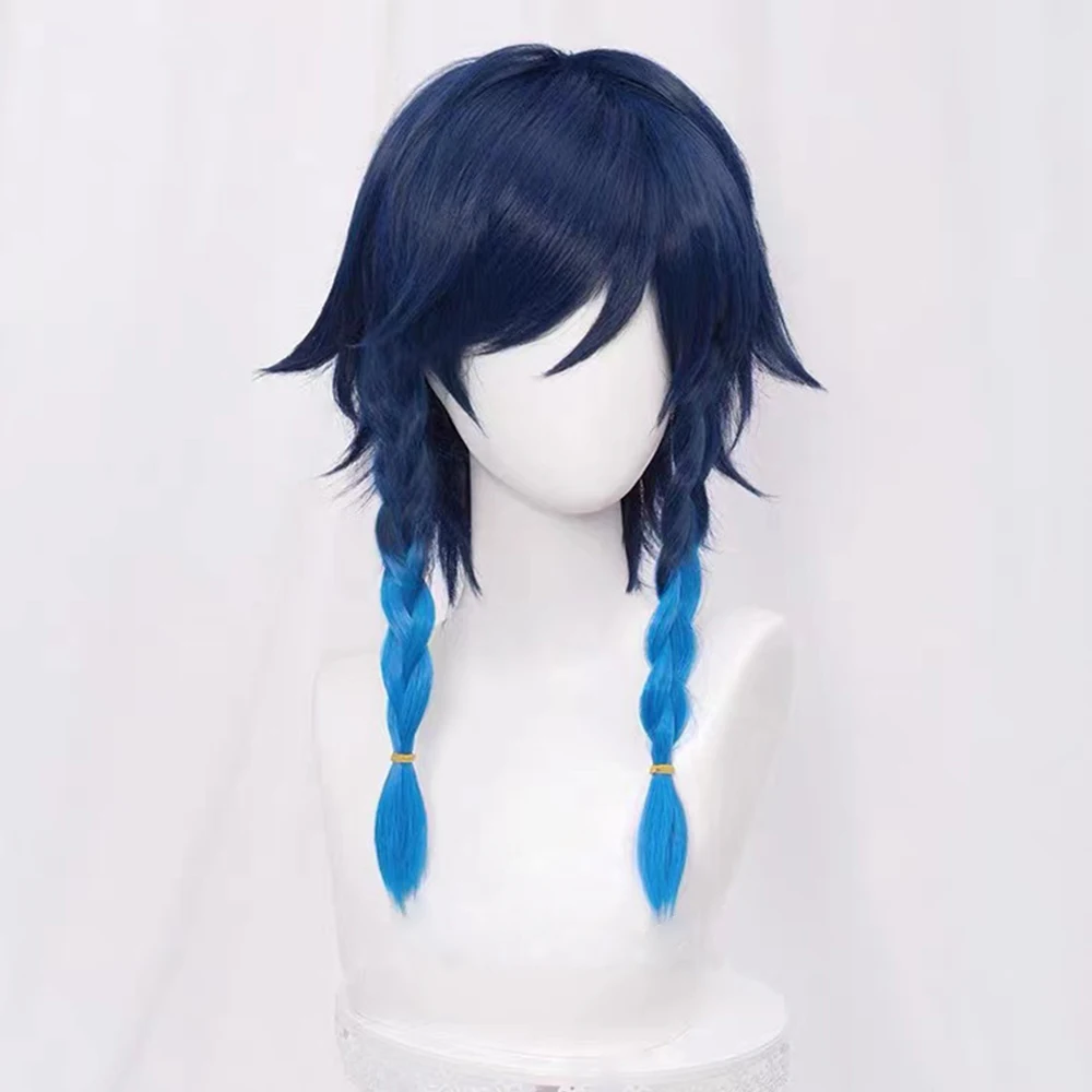 Genshin Impact Venti 50cm Wigs Gradient Blue Short Braided Heat Resistant Synthetic Hair Game Anime Cosplay Halloween + Wig Cap