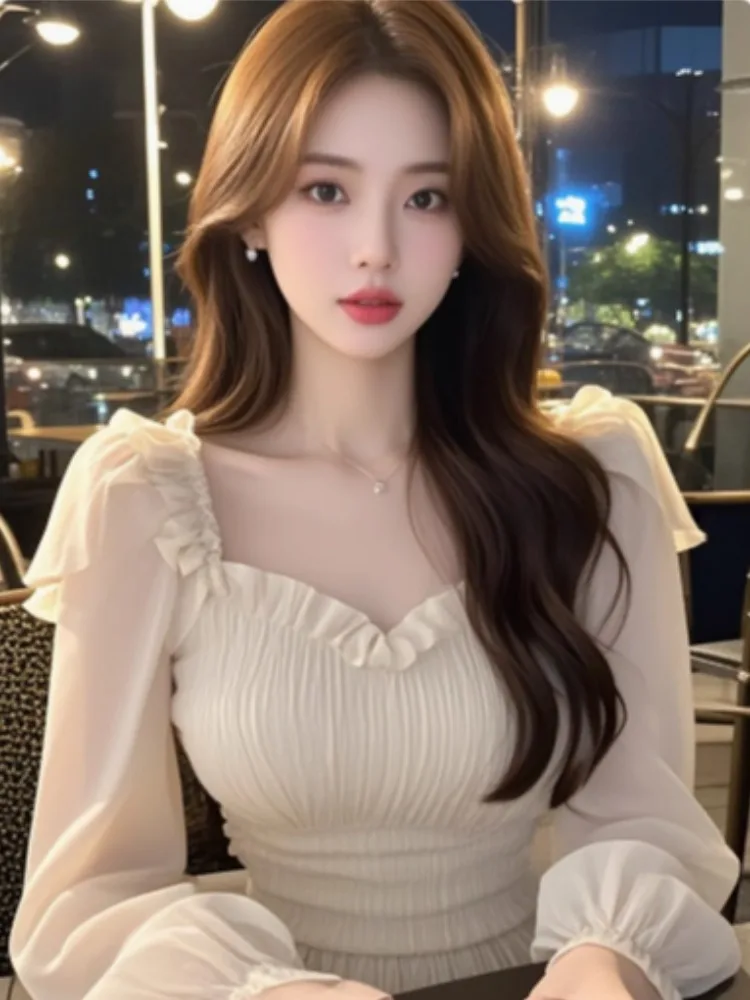 Pure Desire Sle Абрикосовые рубашки с квадратным воротником и оборками длинными