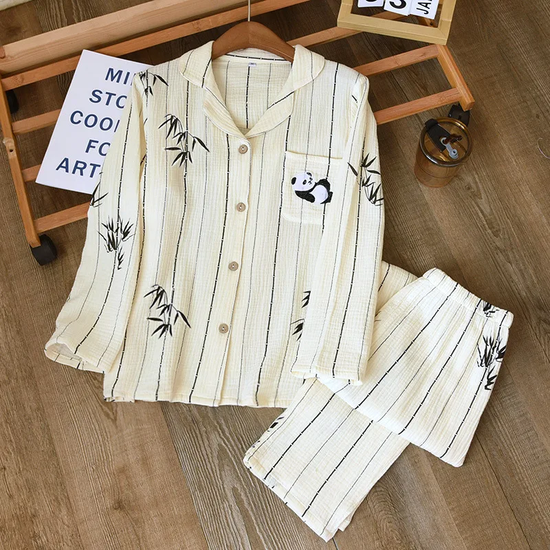 

Весенняя хлопковая марлевая вышитая бамбуковая пижама в виде панды, комплект для женщин, Свободный Топ с длинным рукавом и штаны, домашняя одежда, домашняя одежда, одежда для отдыха