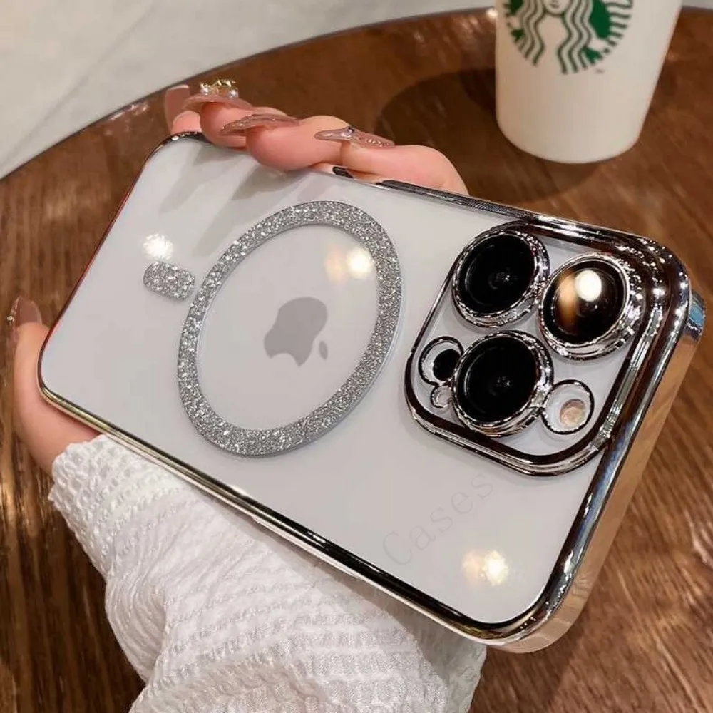 

For Magsafe Glitter Crystal Plating Phone Case For iPhone 14 13 12 11 Pro Max Plus + full lens film Cover