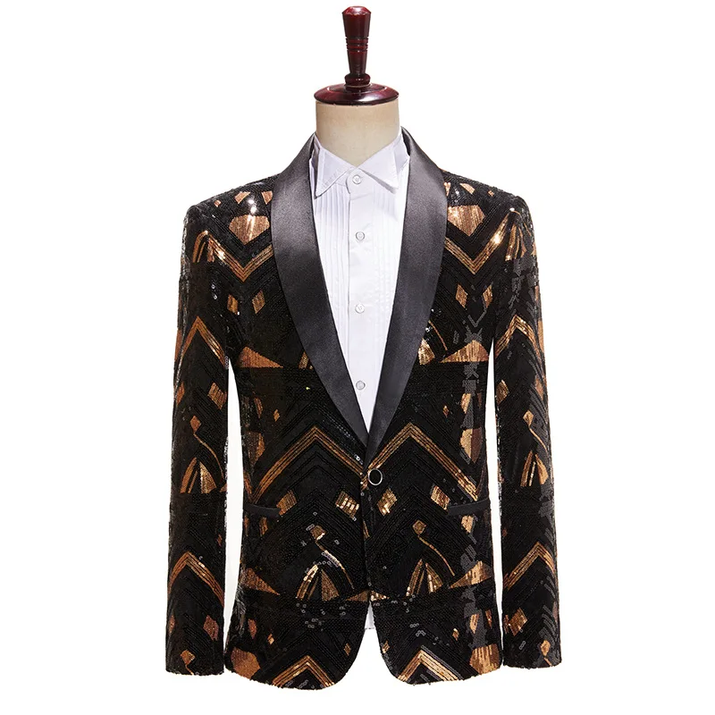 Mens Shiny Black Gold Sequins Blazer Men Stylish Shawl Lapel Single Breasted Suit Jacket Blazers Party Stage Singer Clothing 3XL