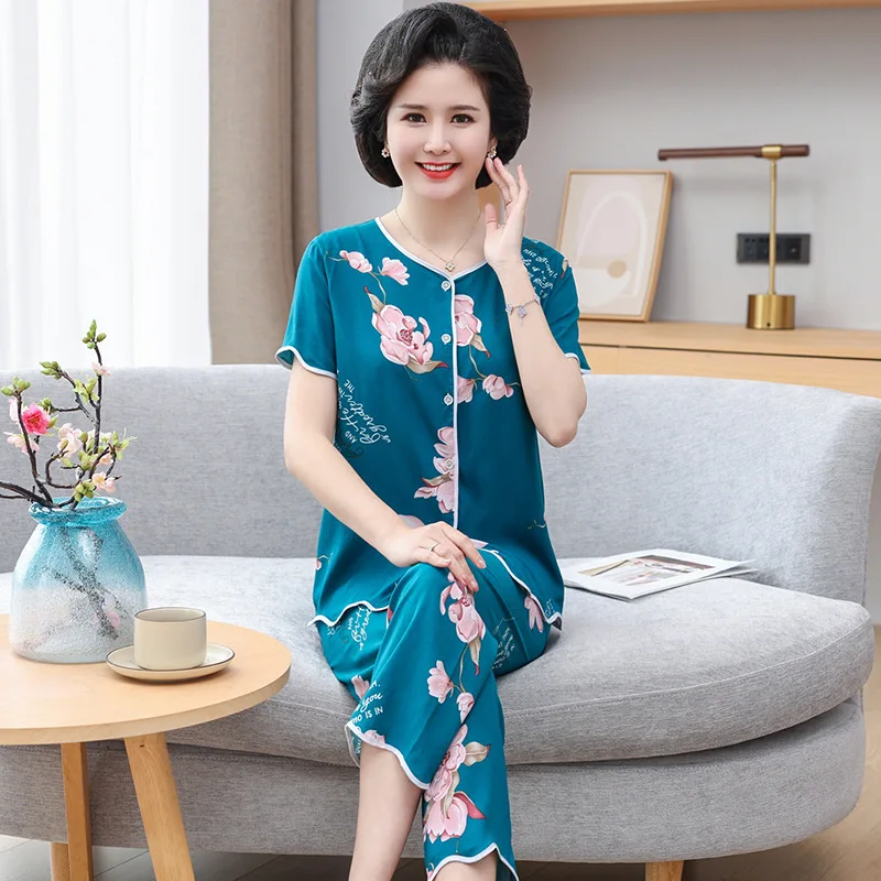 Fdfklak Cotton Rayon Pajamas Suit Women's Summer Short-Sleeved Pant Two-Piece Set Casual Middle Aged Mother Home Clothes XL-4XL