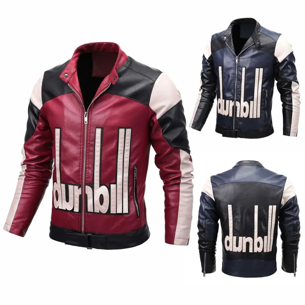 

Male Motorcycle Bomber Leather Jacket \With Contrast Color Embpridery Patch Autumn and Winter Fleece Leather Casual Coat Male