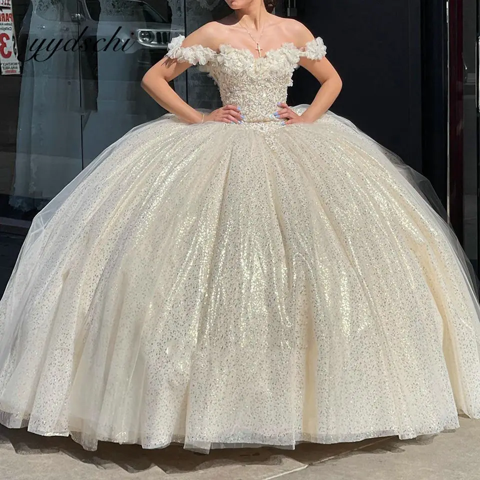 2022 Champagne Flowers Crystal Quinceanera Dress Ball Gown Off The Shoulder Appliques Lace Pageant Birthday Party Sweet 15