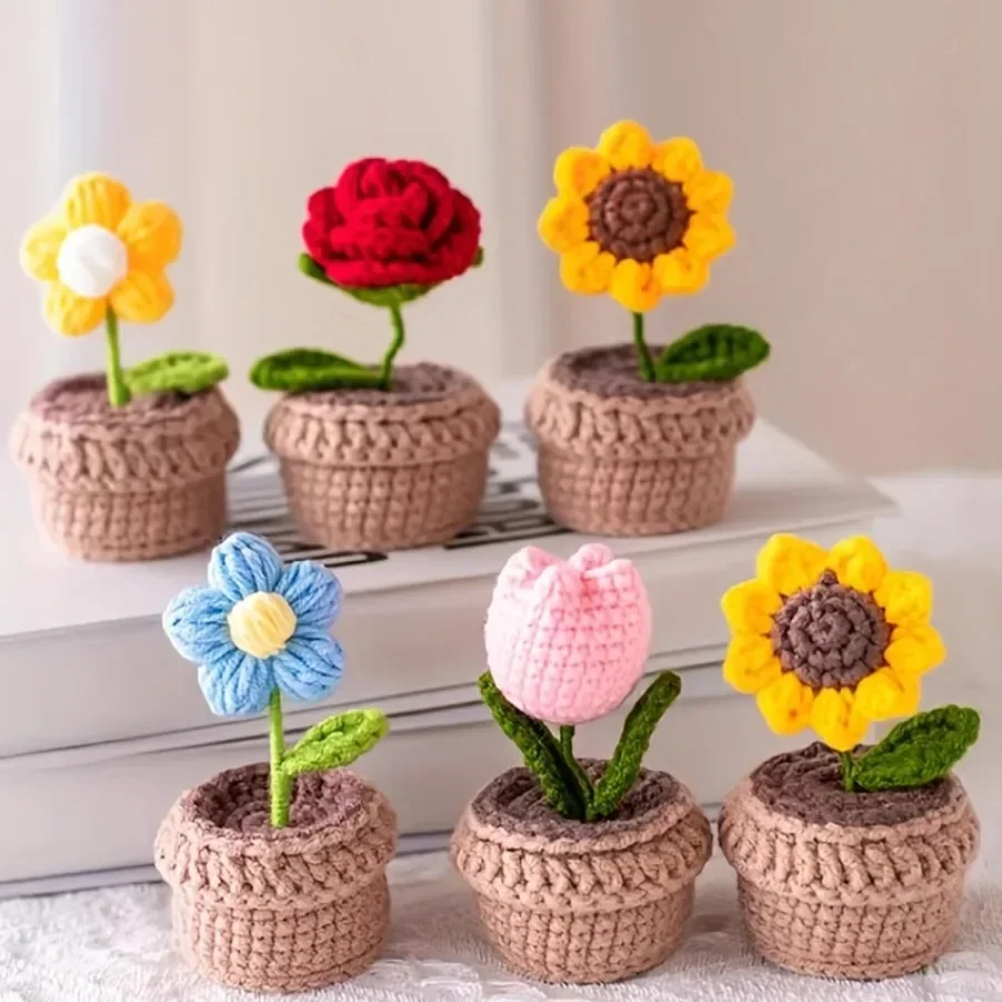 Искусственные Подсолнухи И Розы Горшечные Растения Вязаные Украшения Для Дома