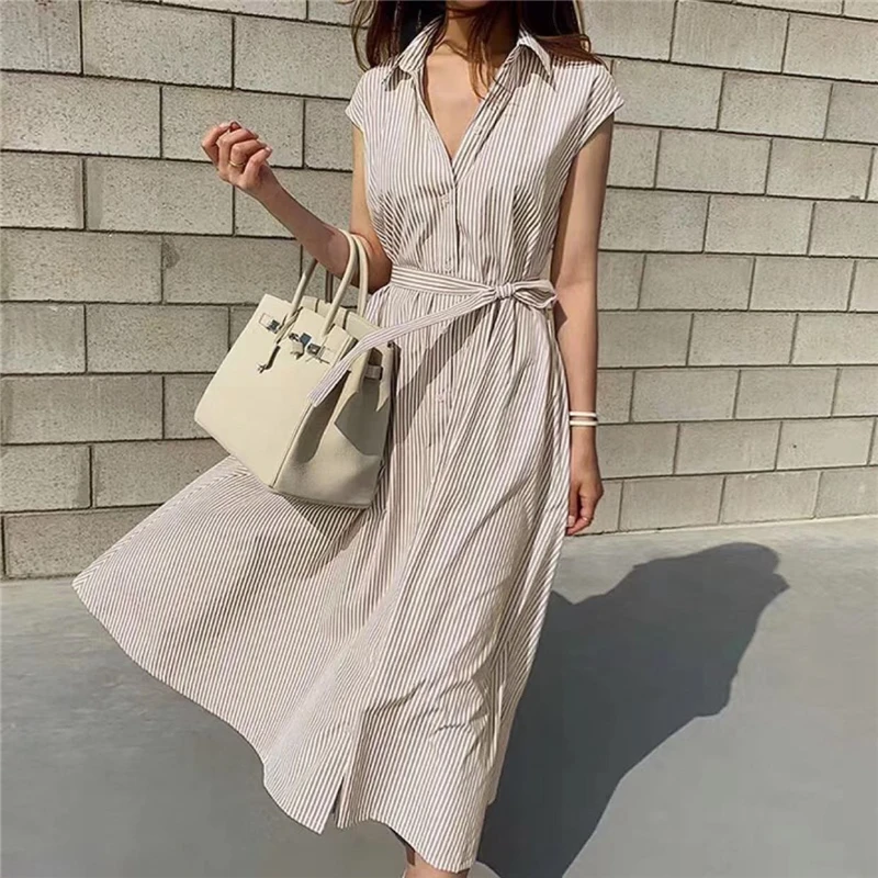 

2021 pure Stripe Summer Shirt Dress Evening Female Vintage Sundress Party Oversize Sleeveless Beach Women Dresses Vestido Prom