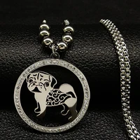 fashion pug dog stainless steel statement necklaces for women silver color bead long chain necklace jewelry cadenas mujer n1s07
